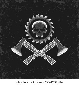 Colored illustration of a skull, crossed axes on a background with a grunge texture. Design element for emblem, print, badge, label and sticker.Vector illustration.