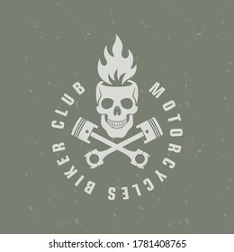 Colored illustration of a skull with crossed pistons, text and fire on a background with a grunge texture. Vector illustration in vintage style biker club logo. Illustration for labels on clothes.