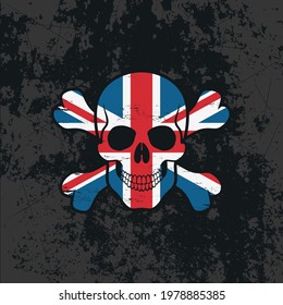 Colored illustration of a skull, flag, crossbones on a background with a grunge texture. Vector illustration in vintage style for print, label, emblem, sticker and poster. Flag of the Great Britain.