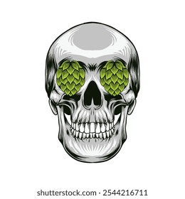 Colored illustration of a skull head and two hops in its eyes