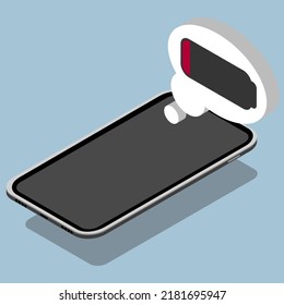 Colored illustration. Smartphone and speech bubble: the battery is empty. Low battery. Isometric illustration on blue background. 