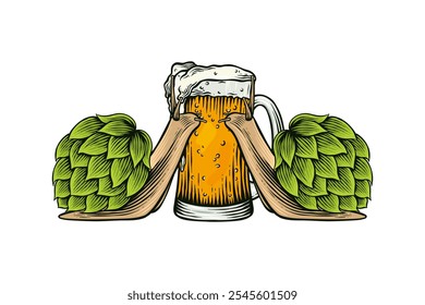 Ilustración coloreada de un caracol con una concha de lúpulo a punto de beber un vaso de cerveza