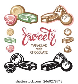 Colored illustration of sweets. Chocolate and marmalade candies. Isolated flat vector design for postcards, prints, stickers or menu.