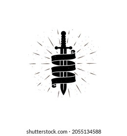 Farbige Abbildung von Schwert, Band und Strahlen auf weißem Hintergrund. Design-Element für Druck, Emblem, Badge, Tattoo, Aufkleber und Label. Vektorgrafik mit Grunge-Textur. Militärische Symbole.