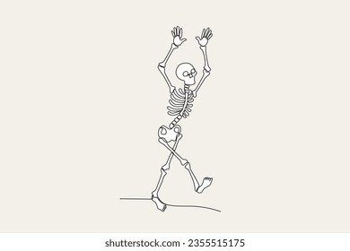 Colored illustration of a terrifying walking human skeleton. Human skeleton one-line drawing
