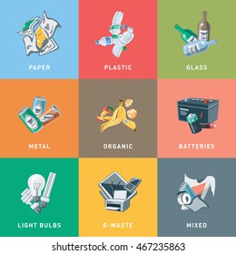 Colored illustration of trash separation categories with organic, paper, plastic, glass, metal, e-waste, batteries, light bulbs and mixed garbage in cartoon style. Waste types segregation recycling. 