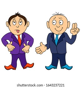 Colored illustration of two amusing gentlemen in suits in various situations isolated on white background
