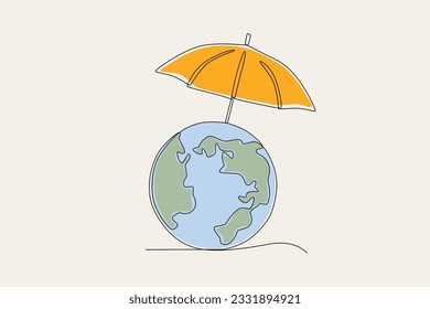 Colored illustration of an umbrella protecting the earth. World ozone day one-line drawing