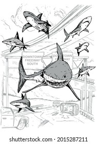 Colored illustration in vector, handmade of flying sharks in destroyed cityscape.