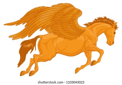 Colored illustration of a volant Pegasus. Golden winged stallion flying through the air. The symbol of inspiration. Vector clip art and decoration element of magic and mythological goods.