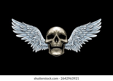 colored illustration of a winged skull on a dark background