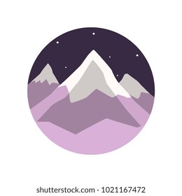 Colored illustration of winter landscape with snowy mountain peaks and night starry sky. Flat round-shaped emblem. Travel or adventure concept. Cartoon vector design
