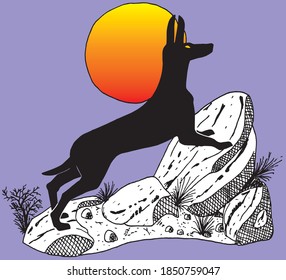 Colored illustration of a wolf in ancient Egypt style over stones with red sun behind it, in comics style. Vector illustration.