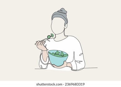 Colored illustration of a woman eating salad. World vegan day one-line drawing