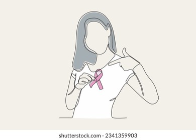 Colored illustration of a woman pointing at a breast cancer ribbon. Breast cancer awareness month one-line drawing