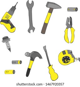 Colored illustrations of carpentry tools. Wooden work equipment tool, wooden instrument, hammer and saw – Illustration