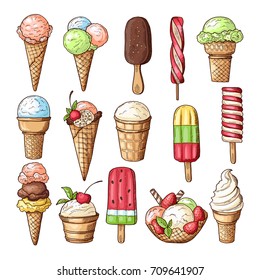 Colored illustrations of ice creams with chocolate, lollipops and strawberry. Vector pictures set of different desserts. Collection of ice cream dessert fresh with strawberry