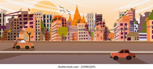 Colored illustrations Yangon Myanmar City Skyline with Buildings and cars. Urban Cityscape Vector Illustration. 