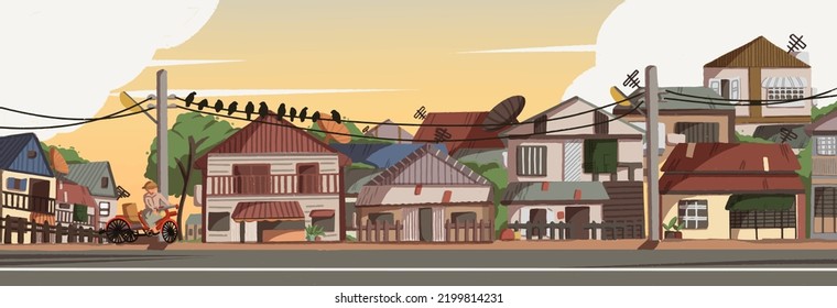 Colored illustrations Yangon Myanmar City Skyline with Buildings and trishaw. Semi-Urban developing Cityscape Vector Illustration. 