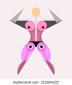 Colored image isolated on a white background Bauhaus Female Bodybuilder Model vector illustration. Abstract design of muscular human figure with open legs and hands up.