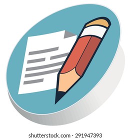 Colored image of pencil and note with text, with shadow, isolated on white