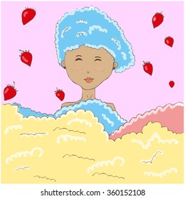 Colored image of a swarthy young girl taking her bubble bath and smiling. Decorated with cartoon berries. Beauty and woman production, decorating for press and SPA.