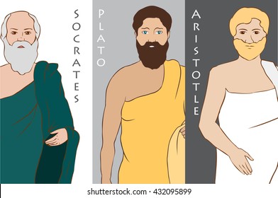 Colored images of ancient greek scientist and philosopher - Socrates, Plato, Aristotle.