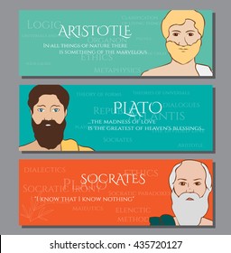 Colored images of ancient greek scientist and philosopher - Socrates, Plato, Aristotle.