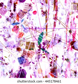 Colored inclusion on a white background. Spots, curved stripes, stylized petals, shapeless blots, streaks, oval, square, hatching, strokes, lines. Abstract seamless vector pattern.