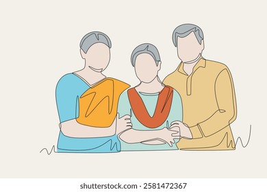 Colored Indian family concept one-line drawing