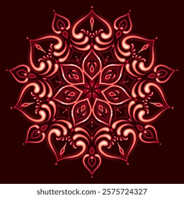 Colored Indian mandala with glowing effect. Classic indian pattern in red colors on the dark background