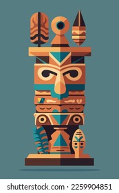 Colored Indian Wooden totem pole with tiki mask and eagle. Vector cartoon flat illustration for wall art print poster