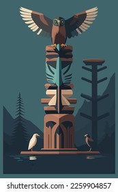 Colored Indian Wooden totem pole with tiki mask and eagle. Vector cartoon flat illustration for wall art print poster