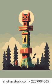 Colored Indian Wooden totem pole with tiki mask and eagle. Vector cartoon flat illustration for wall art print poster