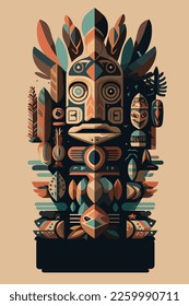 Colored Indian Wooden totem pole with tiki mask and eagle. Vector cartoon flat illustration for wall art print poster