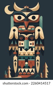 Colored Indian Wooden totem pole with tiki mask and eagle. Vector cartoon flat illustration for wall art print poster