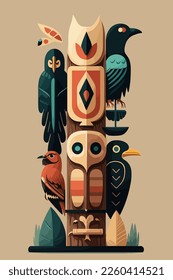 Colored Indian Wooden totem pole with tiki mask and eagle. Vector cartoon flat illustration for wall art print poster