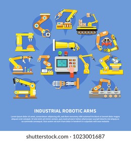 Colored industrial robotic arms composition with different types of arms and robots vector illustration