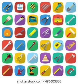 Colored industrial tools collection flat isolated icons with oblique shadows. Vector illustration