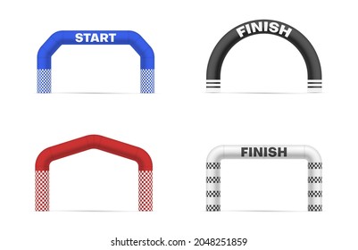 Colored inflatable arches set realistic vector illustration. Air rubber gate columns entrance and exit for event decor or sports game competitions isolated on white. Arch shapes with start and finish