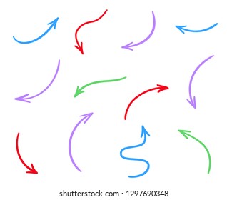 Colored infographic elements isolated on white. Set of sketchy indicator signs. Tangled hand drawn simple pointers. Line art. Abstract arrows. Symbols for work