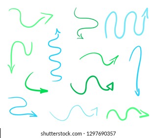 Colored infographic elements isolated on white. Set of sketchy indicator signs. Tangled hand drawn simple pointers. Line art. Abstract arrows. Symbols for work