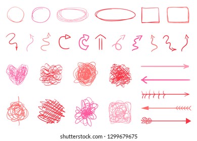 Colored infographic elements isolated on white. Set of sketchy indicator signs. Tangled hand drawn simple pointers. Line art. Abstract arrows. Geometric shapes for work