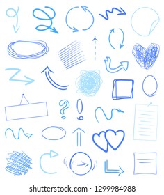 Colored infographic elements isolated on white. Set of sketchy indicator signs. Tangled hand drawn simple pointers. Line art. Abstract arrows. Geometric shapes for work