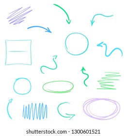 Colored infographic elements isolated on white. Set of sketchy shapes. Tangled hand drawn simple pointers. Line art. Abstract arrows. Symbols for work