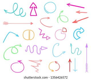 Colored infographic elements isolated on white. Set of sketchy indicator signs. Hand drawn simple pointers. Line art. Abstract arrows. Symbols for work