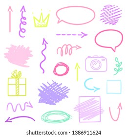 Colored infographic elements isolated on white. Set of different things. Abstract signs. Hand drawn simple arrows. Line art. Geometric shapes. Sketchy symbols for work
