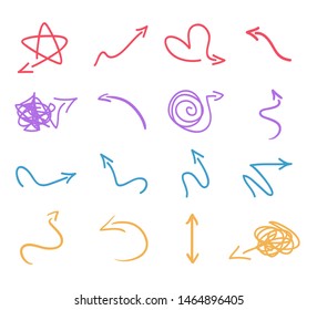 Colored infographic elements isolated on white. Set of sketchy indicator signs. Hand drawn simple pointers. Line art. Abstract arrows. Symbols for work