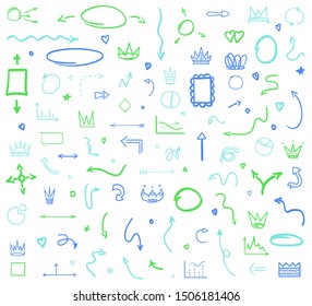 Colored infographic elements isolated on white. Set of different signs. Tangled hand drawn simple pointers. Line art. Abstract arrows. Symbols for work