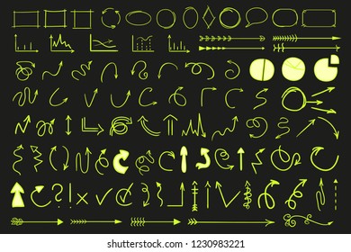 Colored infographic elements on isolated black background. Hand drawn simple arrows. Line art. Set of different pointers. Abstract indicators. Doodles for work. Art creation